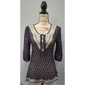 Solitaire Navy Blue Crochet Blouse With Ivory Embroidered Detailing & Tie Neck 3